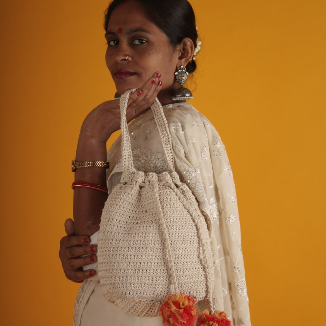 Hand-Crafted Potli Bag | Hand-Crochet | Cotton Yarn | Off White