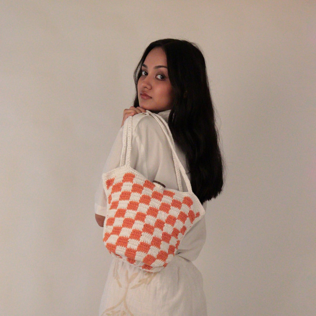 Hand-crafted Checkered Board Bag | Hand-Crochet | Cotton Yarn | White