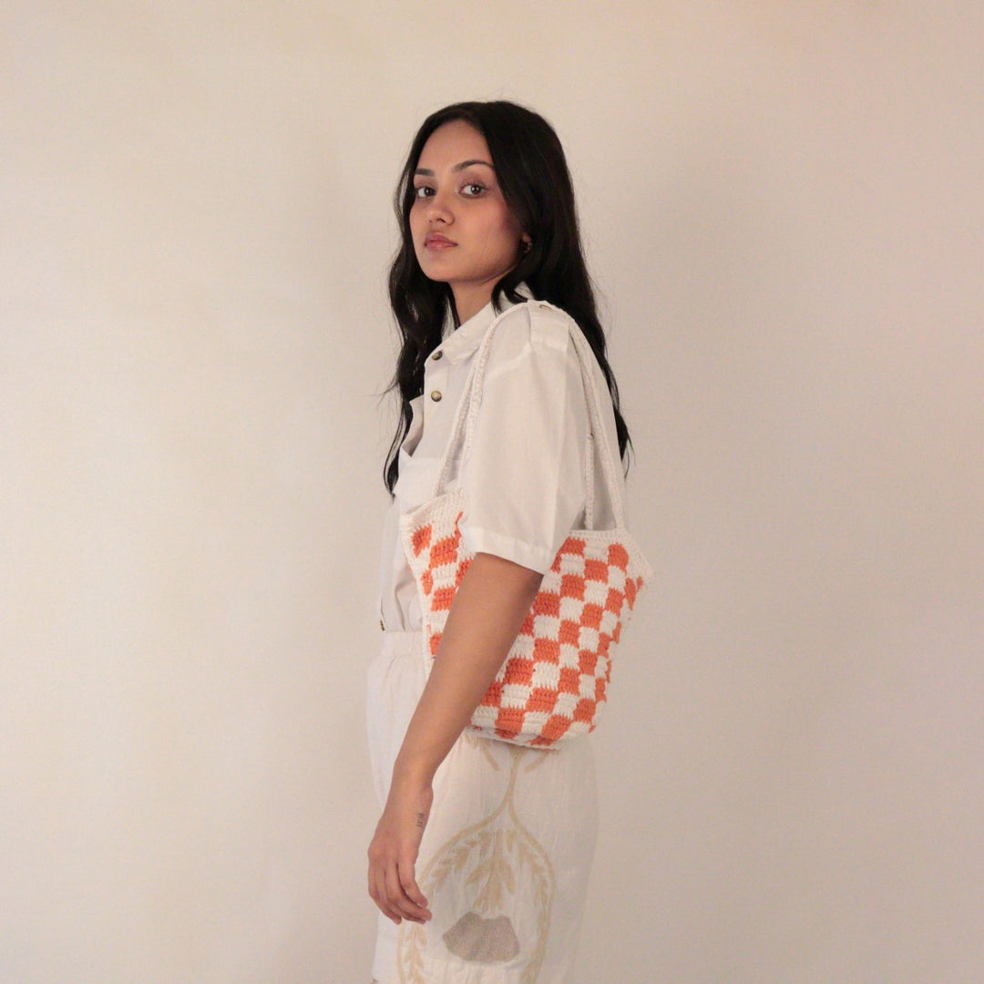 Hand-crafted Checkered Board Bag | Hand-Crochet | Cotton Yarn | White