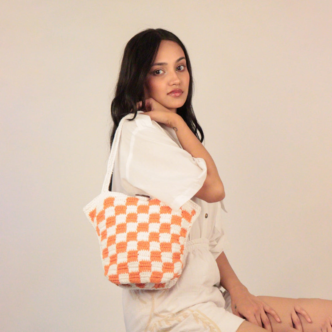 Hand-crafted Checkered Board Bag | Hand-Crochet | Cotton Yarn | White