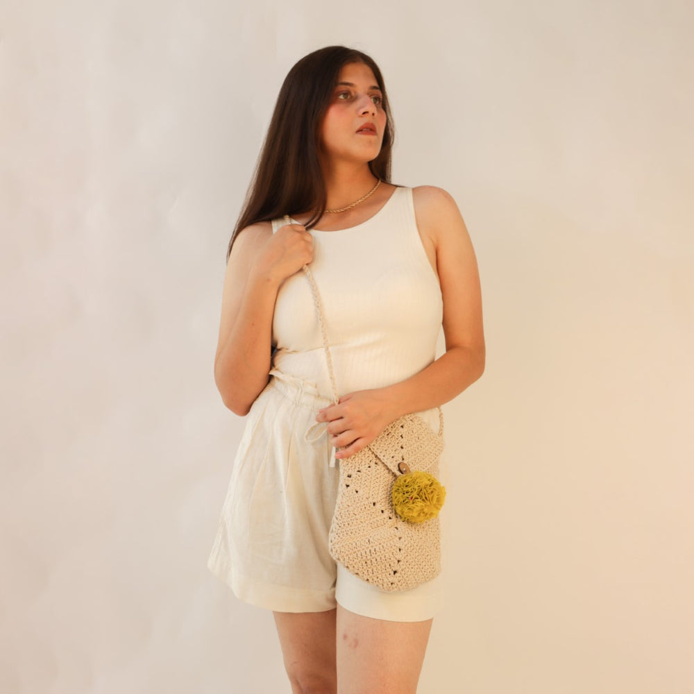 Hand-Crafted Long Carry Sling Bag | Hand-Crochet | Cotton Yarn | Off White