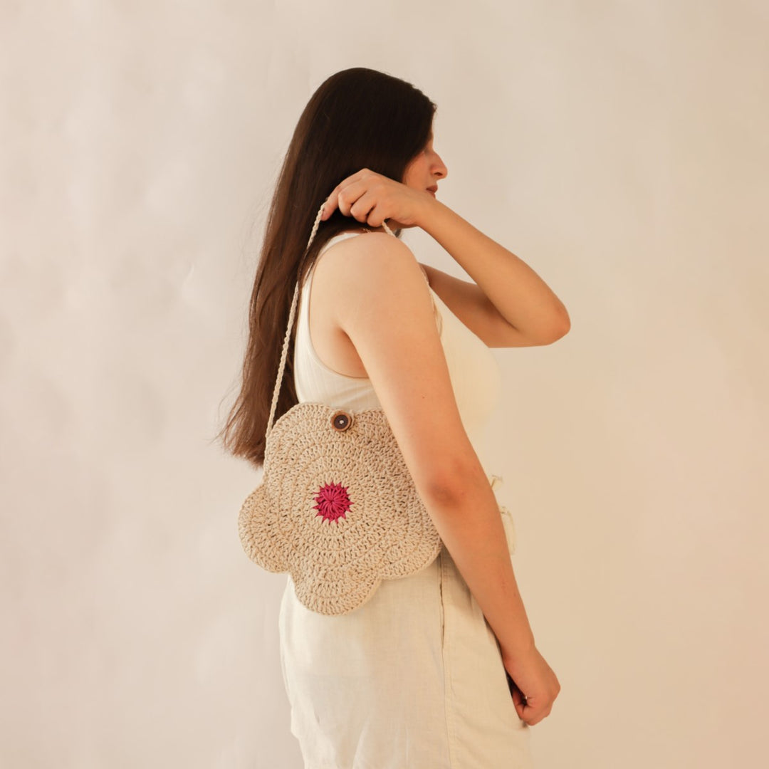 Hand-Crafted Flower Sling Bag | Hand-Crochet | Cotton Yarn | Off White