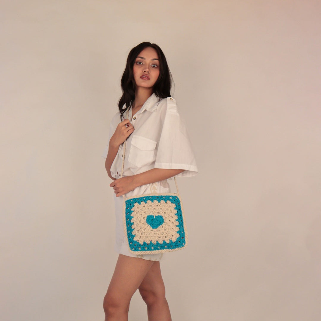 Women Square Sling Bag | Hand-Crochet | Cotton Yarn | Off White & Blue