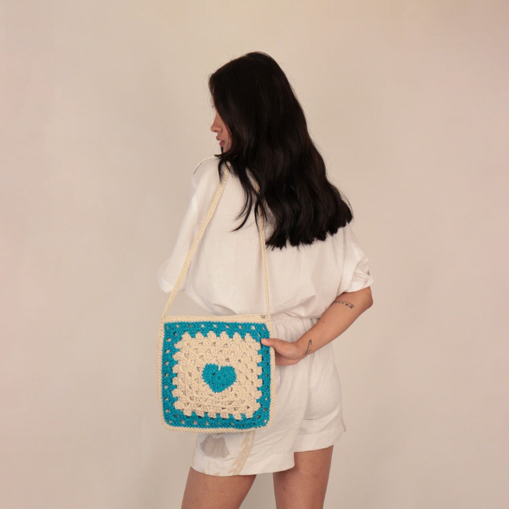 Women Square Sling Bag | Hand-Crochet | Cotton Yarn | Off White & Blue