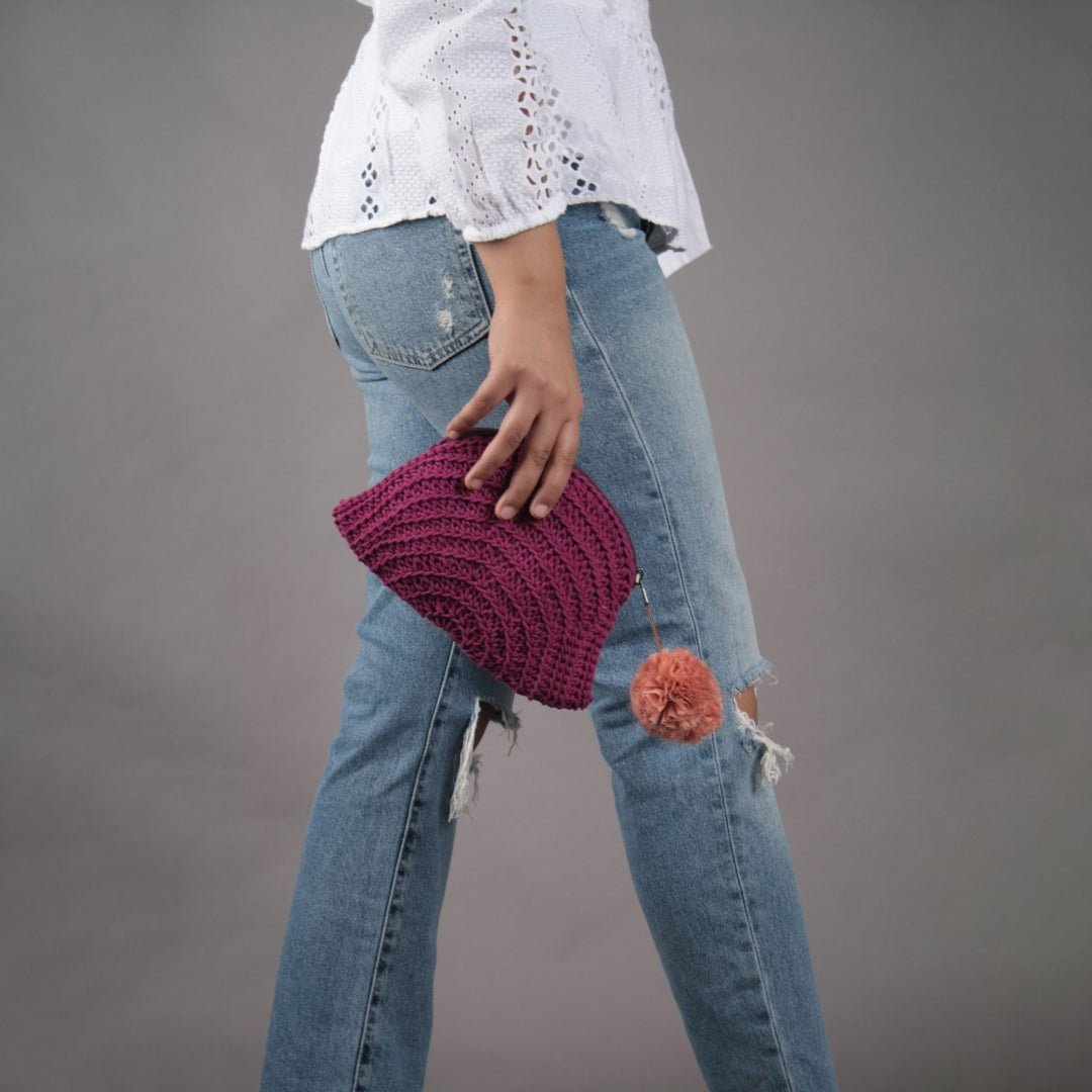 Hand-Crochet Clutch Bag | Eco-Friendly | Cotton Yarn | Sustainable | Magenta Pink