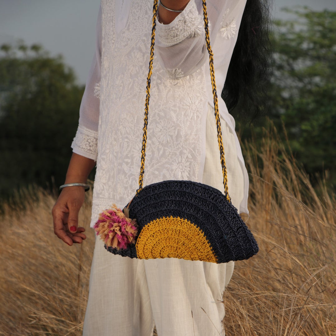 Half Circle Sling Bag | Hand-Crochet | Cotton Yarn | Navy Blue & Mustard Yellow