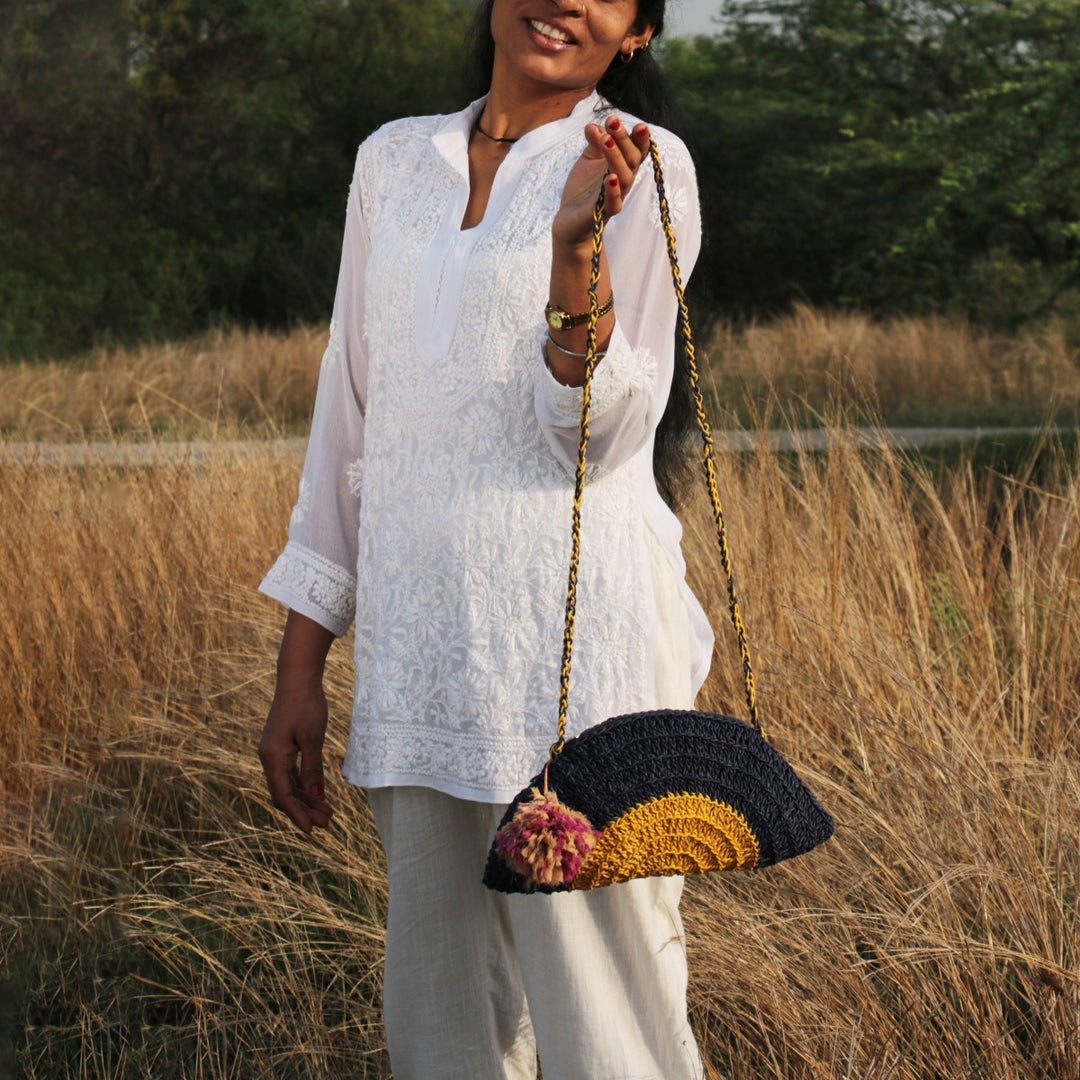 Half Circle Sling Bag | Hand-Crochet | Cotton Yarn | Navy Blue & Mustard Yellow