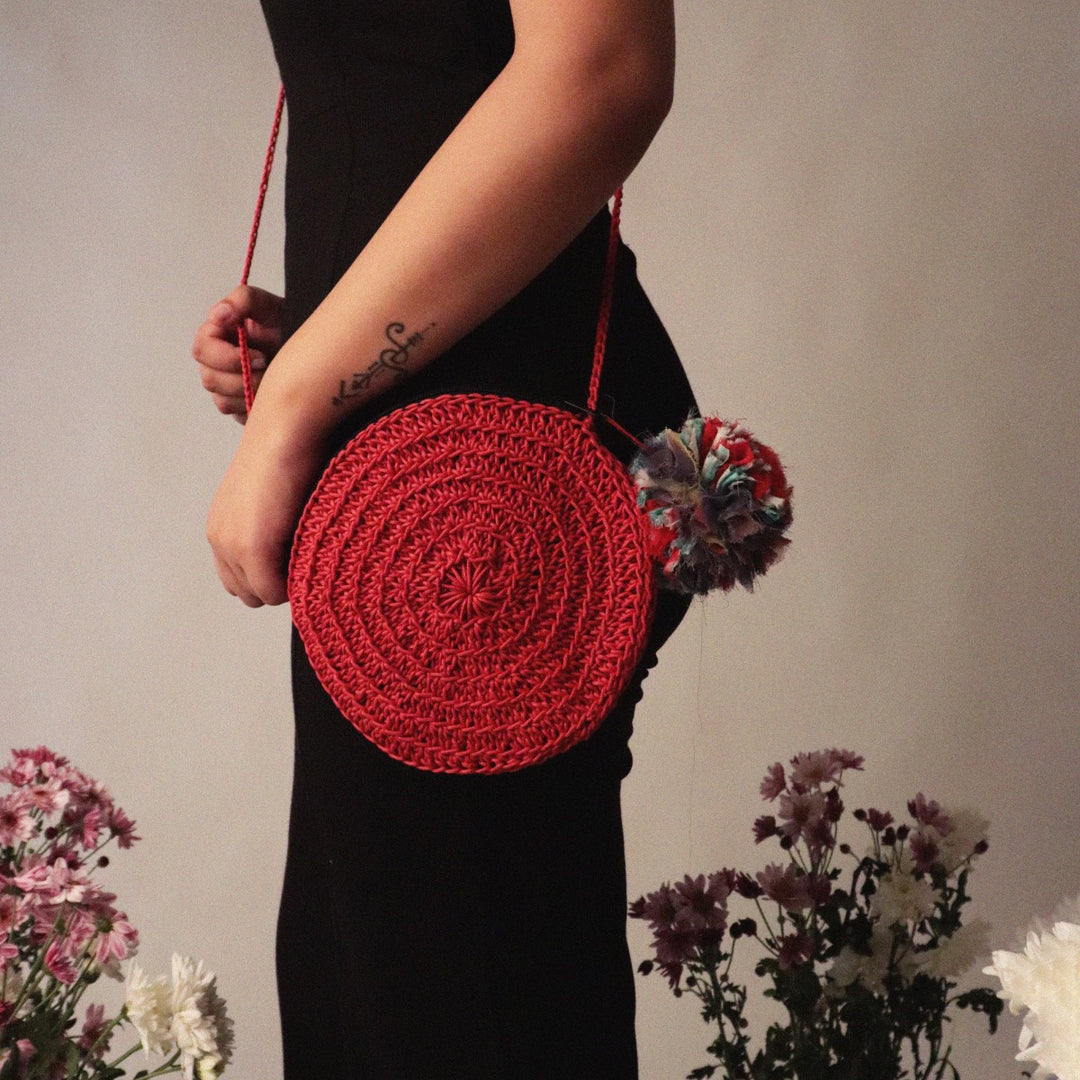 Miniature Round Sling Bag | Crochet Work | Cotton Yarn | Crimson Red