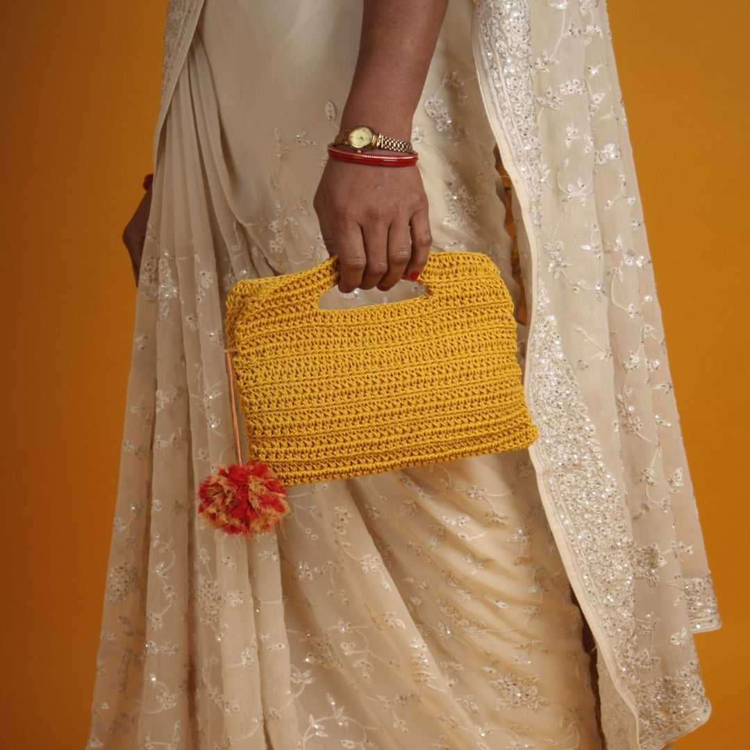 Miniature Hand Clutch Bag | Hand-Crochet | Cotton Yarn | Mustard Yellow