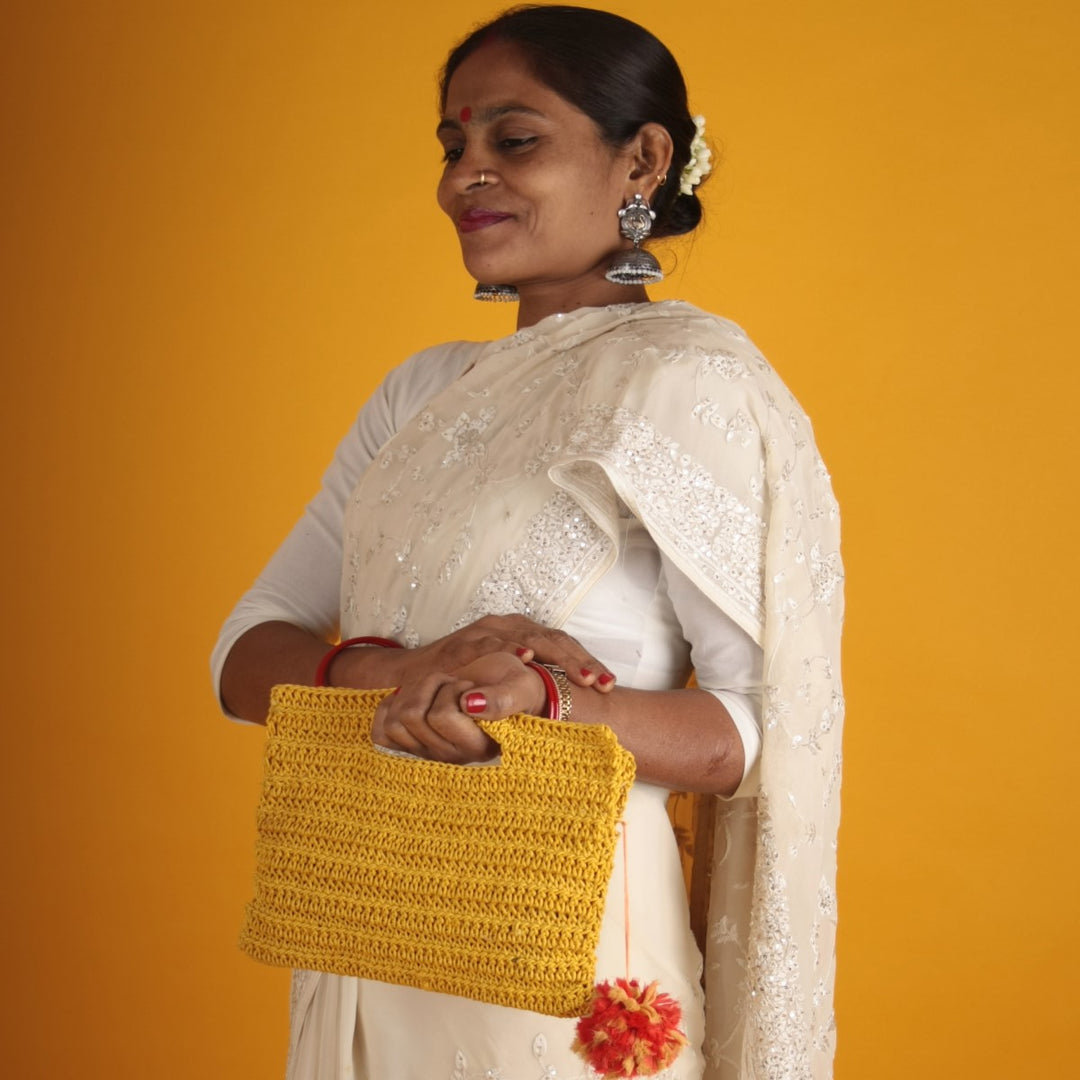 Miniature Hand Clutch Bag | Hand-Crochet | Cotton Yarn | Mustard Yellow