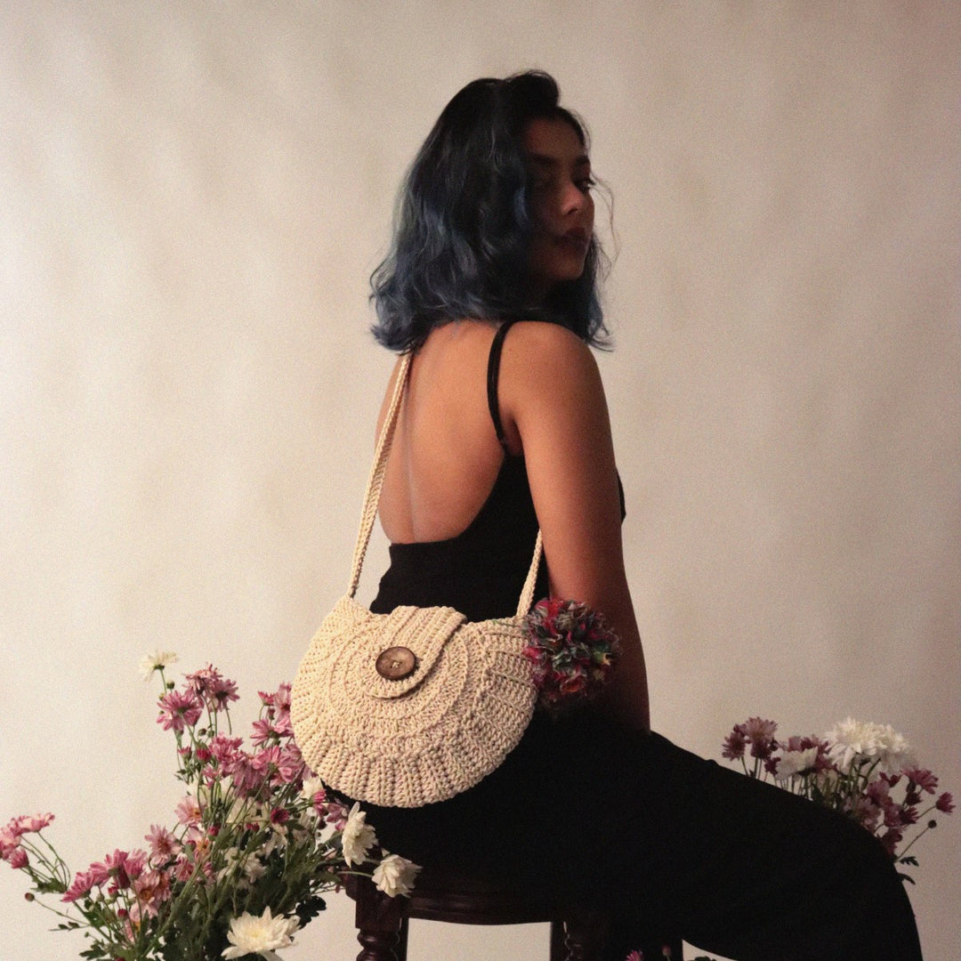 Hand-Crafted Semi-circle Sling Bag  | Hand-Crochet | Cotton Yarn | Off White