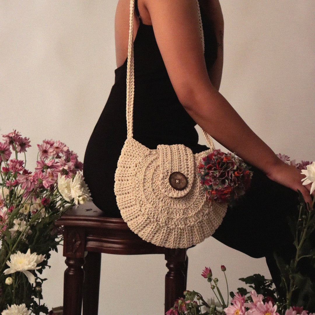 Hand-Crafted Semi-circle Sling Bag  | Hand-Crochet | Cotton Yarn | Off White