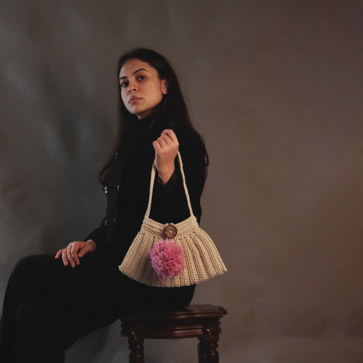 A line Women Hand Bag | Hand-Crochet | Cotton | Off White