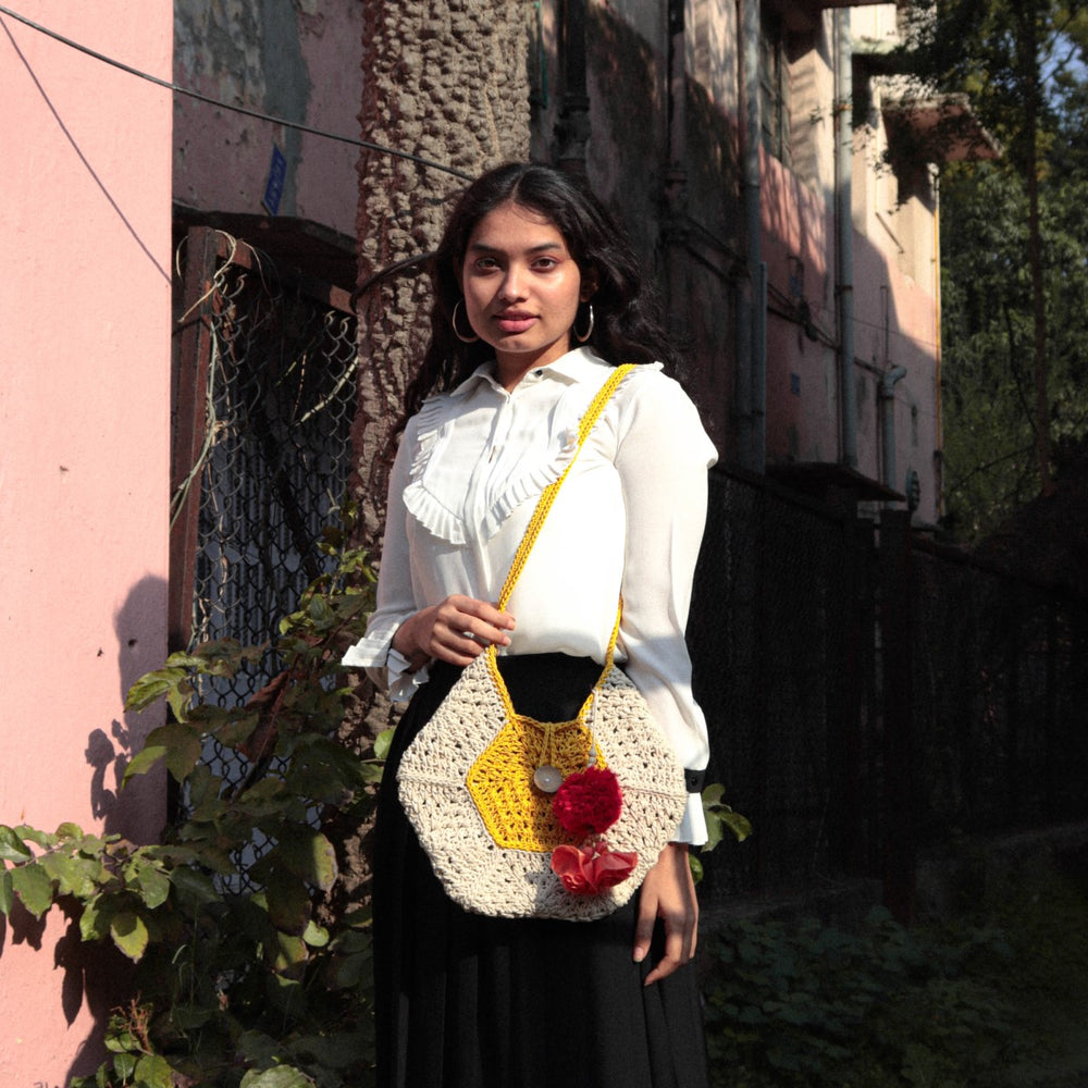 Pentagon Bag  | Hand-Crochet | Cotton Yarn | Mustard & Off White