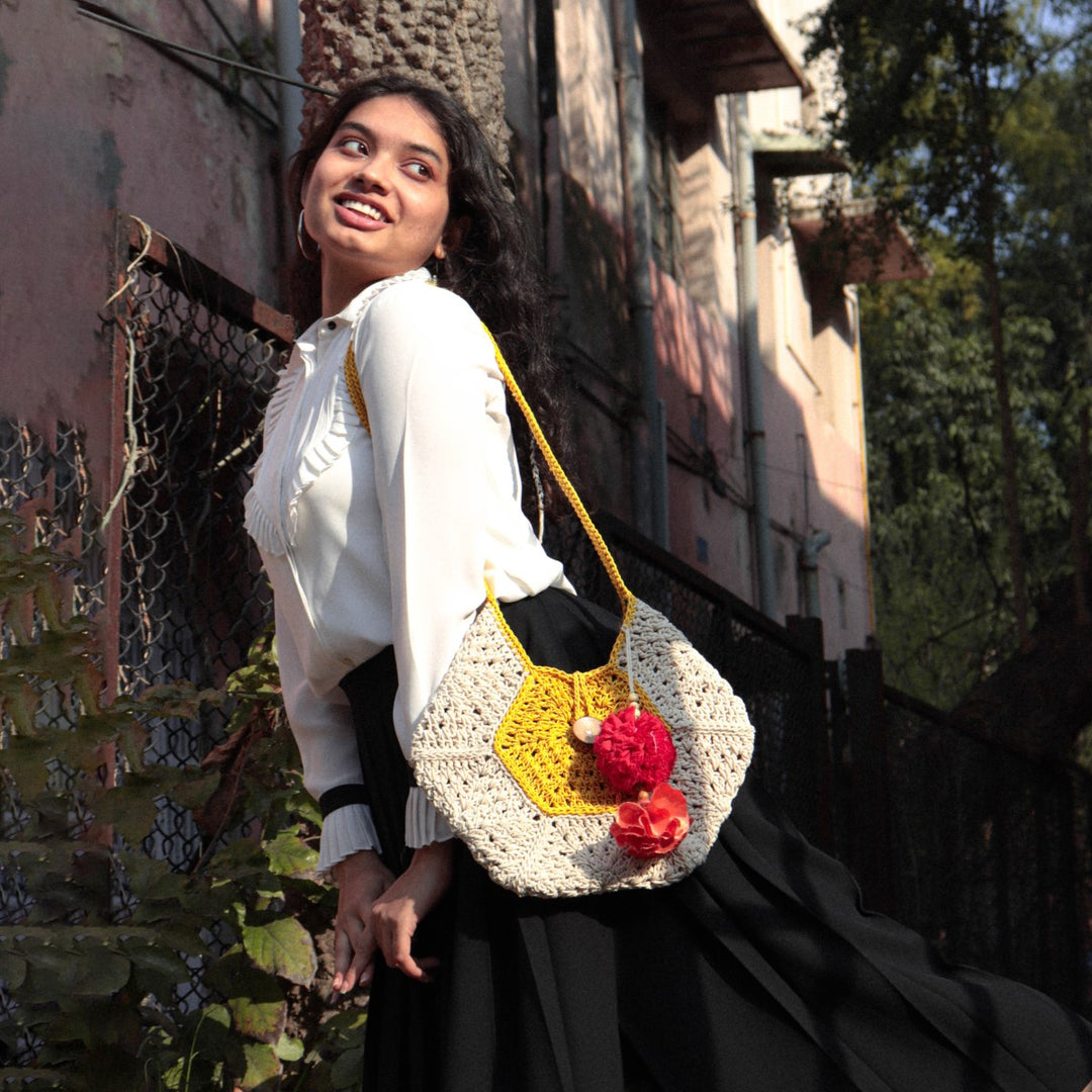 Pentagon Bag  | Hand-Crochet | Cotton Yarn | Mustard & Off White