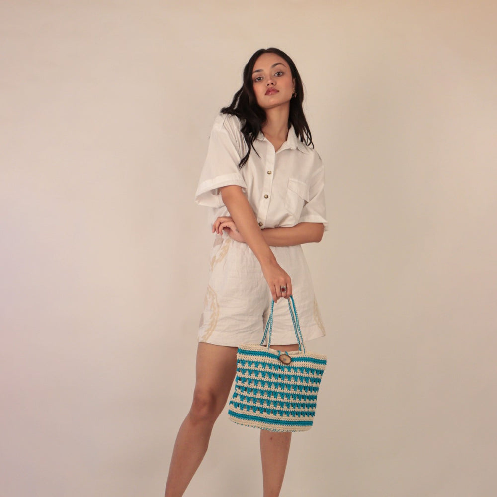 Striper Bucket Hand Bag  | Hand-Crochet | Cotton Yarn | Off White & Turquoise