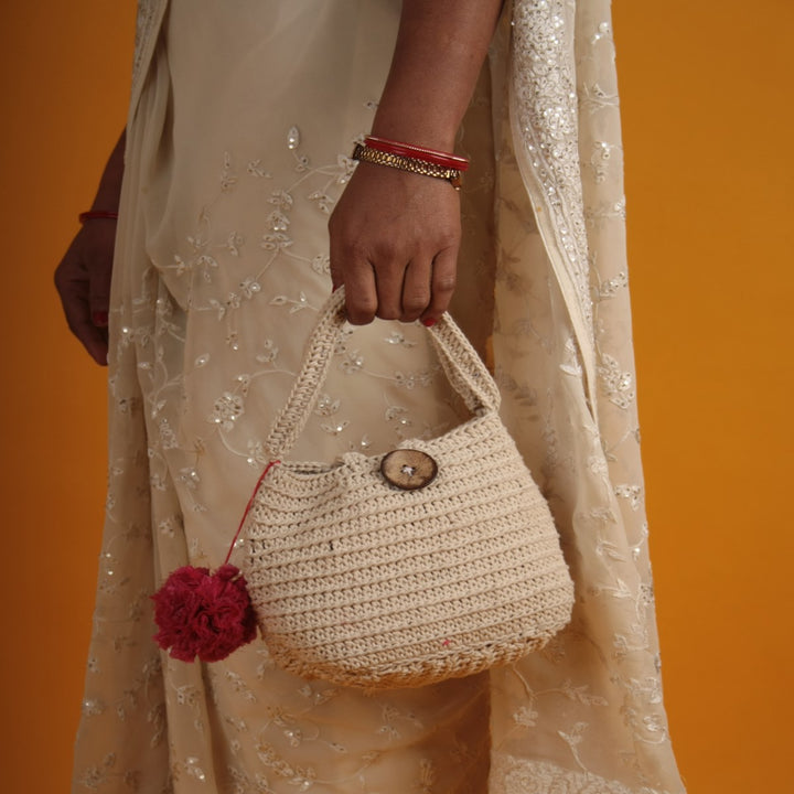 Mini Quad Hand Bag  | Hand-Crochet | Cotton Yarn | Off-White