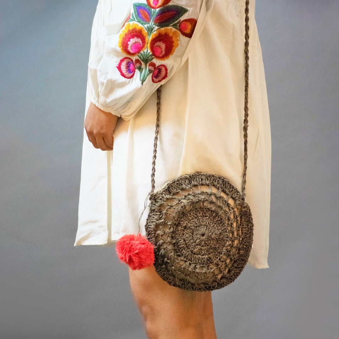 Hand-Crafted Round Mini Sling Bag | Hand-Crochet | Cotton Yarn | Brown