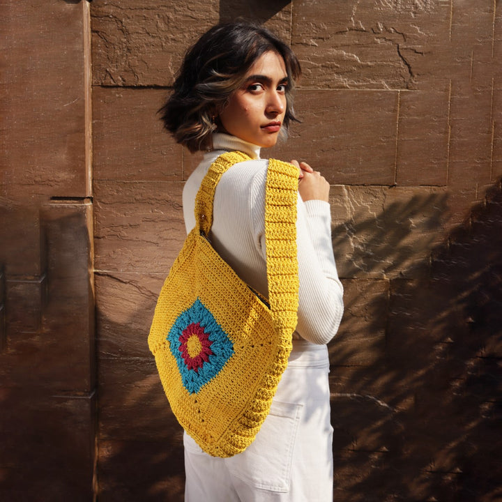 Chrysanthemum Quad Sling Bag | Hand-Crochet | Cotton Yarn | Mustard Yellow