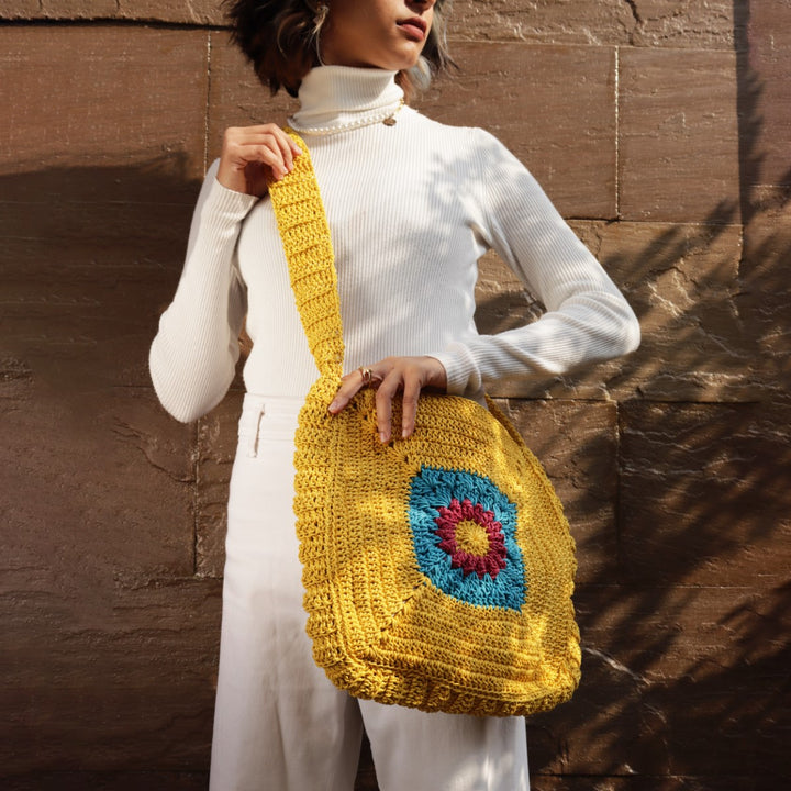 Chrysanthemum Quad Sling Bag | Hand-Crochet | Cotton Yarn | Mustard Yellow