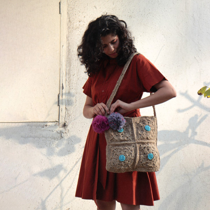 Square Sling Hand Bag | Hand-Crafted & Crochet | Jute Yarn | Brown