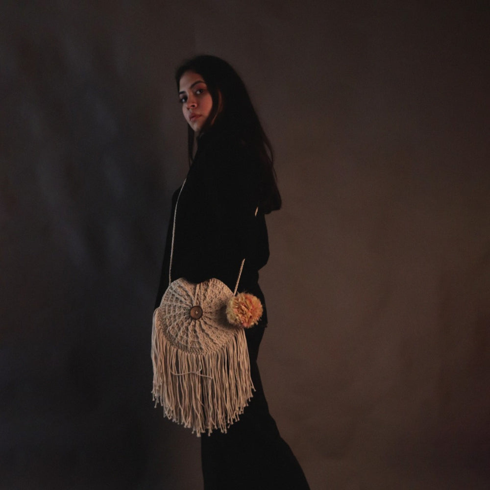 Dreamcatcher Mini Sling Bag | Hand-Crochet | Cotton | Off White & Yellow