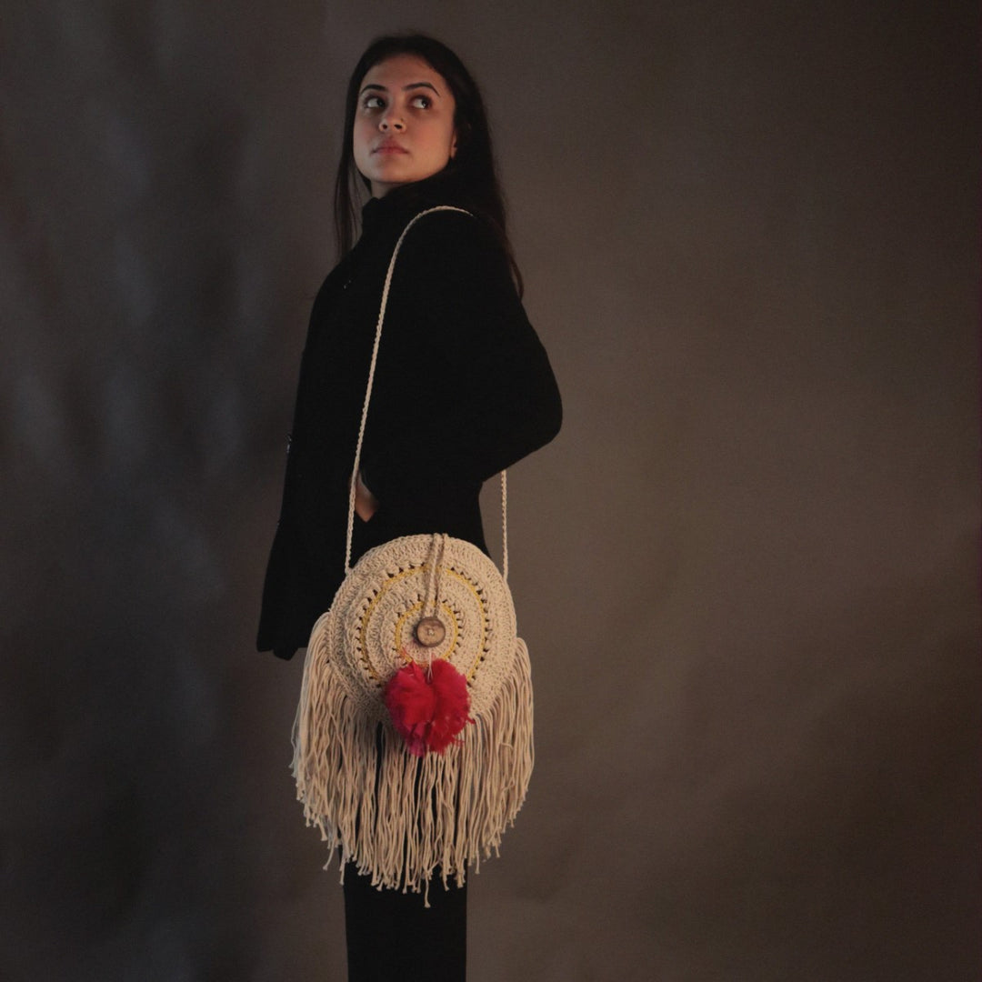 Dreamcatcher Mini Sling Bag | Hand-Crochet | Cotton | Off White & Red