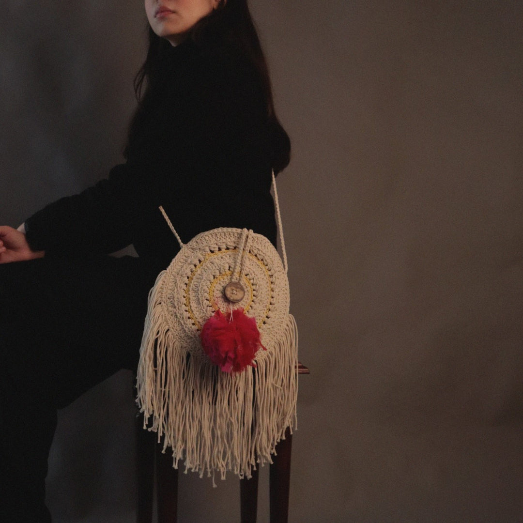 Dreamcatcher Mini Sling Bag | Hand-Crochet | Cotton | Off White & Red