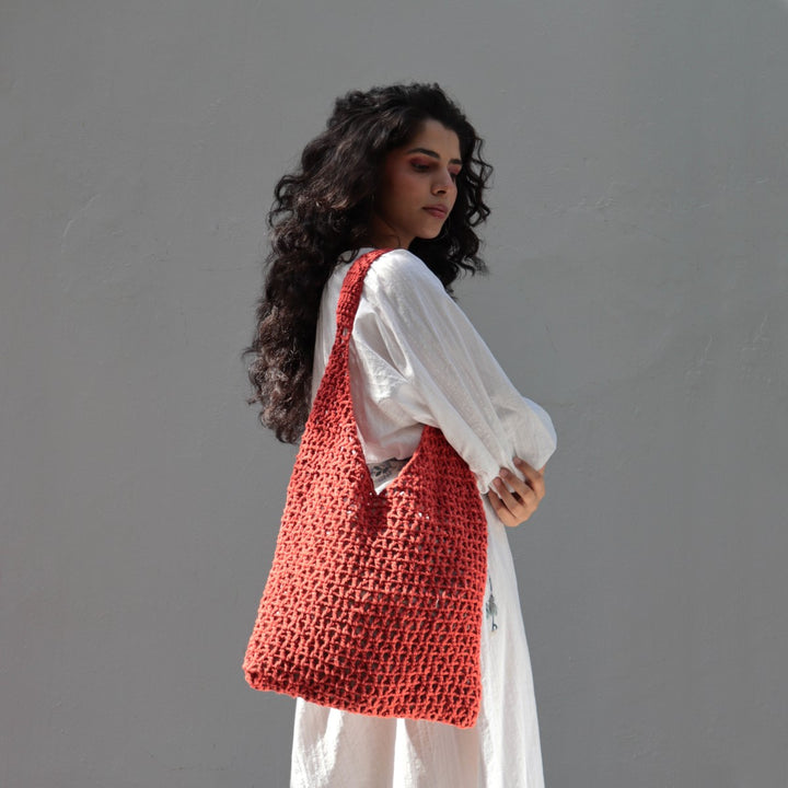 Rust Hobo Hand Bag | Hand-Crochet | Cotton Yarn | Crimson Red