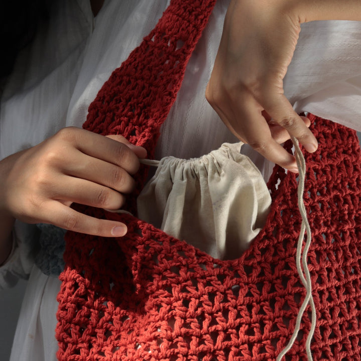 Rust Hobo Hand Bag | Hand-Crochet | Cotton Yarn | Crimson Red