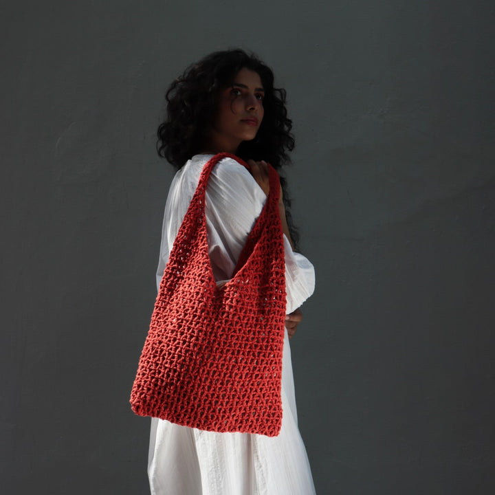 Rust Hobo Hand Bag | Hand-Crochet | Cotton Yarn | Crimson Red