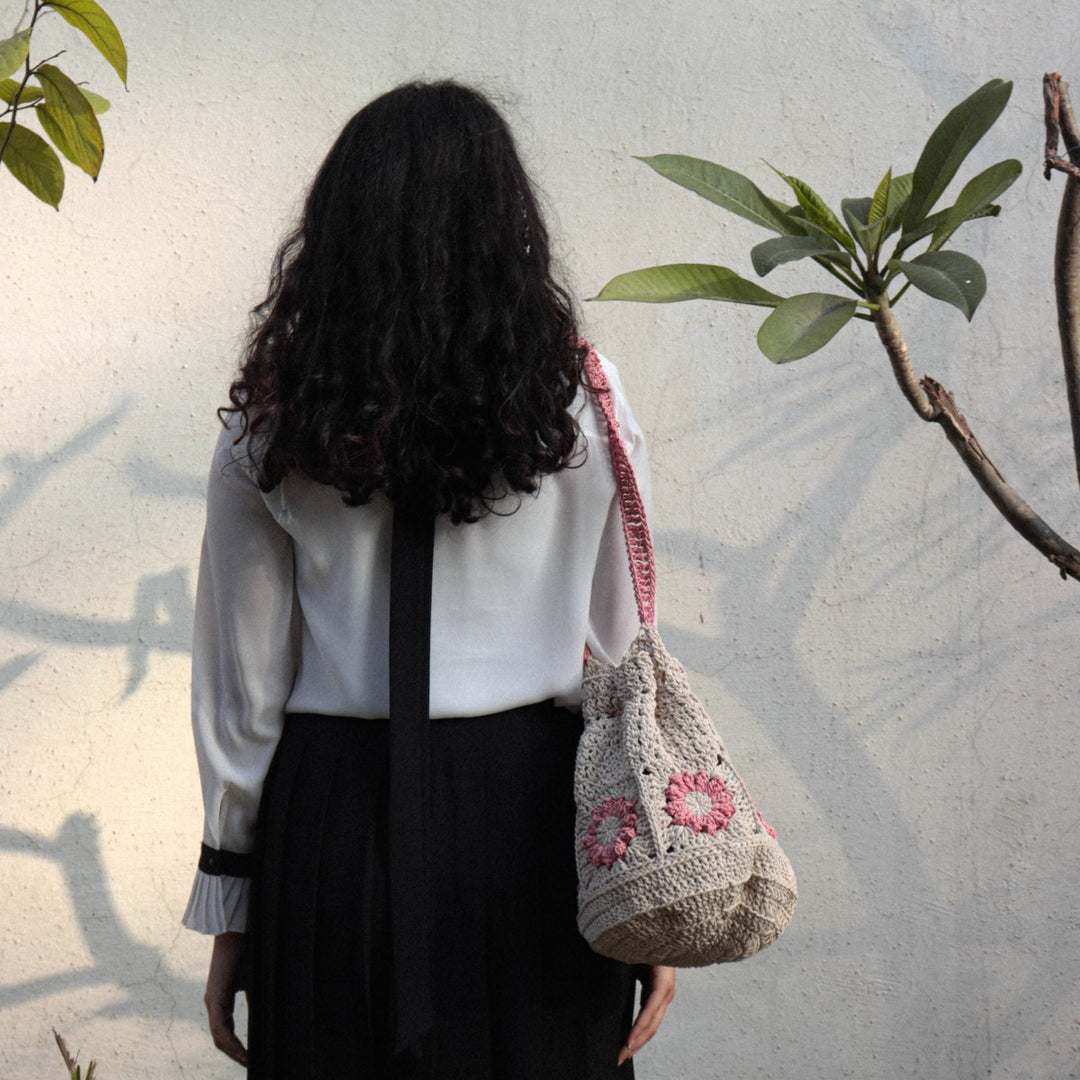 Floral Potli Bag | Hand-Crochet | Cotton Yarn | Off-White & Magenta Pink