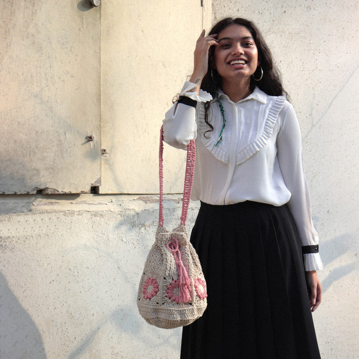 Floral Potli Bag | Hand-Crochet | Cotton Yarn | Off-White & Magenta Pink