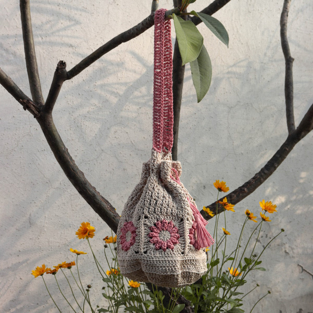 Floral Potli Bag | Hand-Crochet | Cotton Yarn | Off-White & Magenta Pink