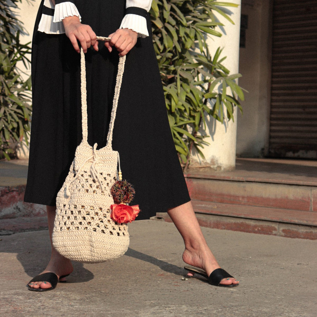 Long Potli Bag | Hand-Crafted & Crochet | Cotton Yarn | Off White