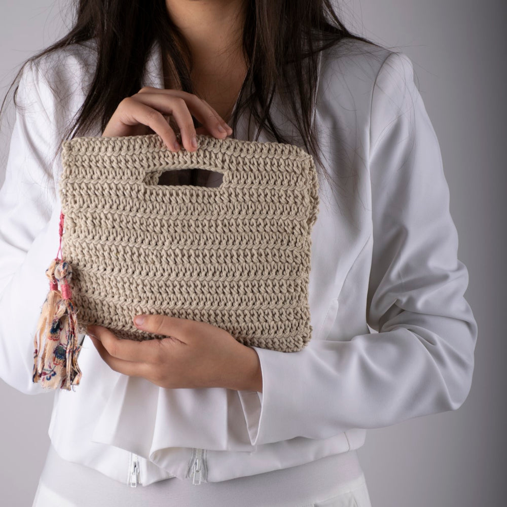 Square Hand Bag | Hand-Crafted & Crochet | Cotton Yarn | Off White