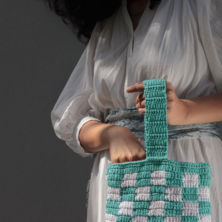 Square Wristlet Hand Bag | Hand-Crochet | Cotton Yarn | Off-White & Turquoise