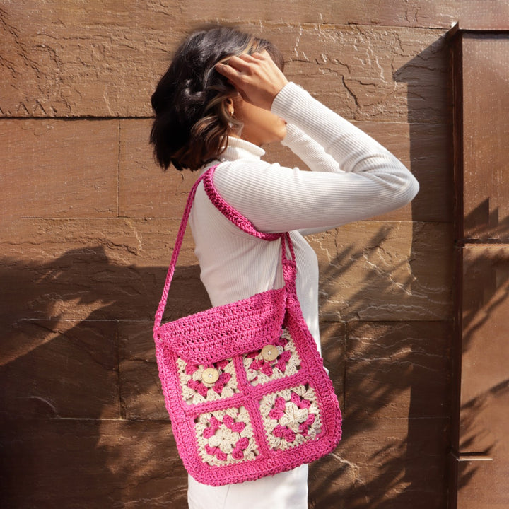 Cross Satchel Sling Bag | Hand-Crochet | Cotton | Magenta Pink