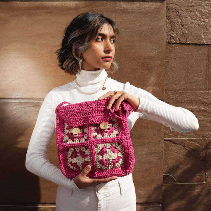 Cross Satchel Sling Bag | Hand-Crochet | Cotton | Magenta Pink