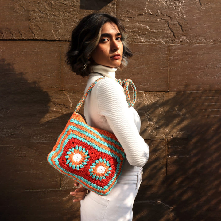 Floral Patchwork Sling Bag | Hand-Crochet | Cotton | Sustainable | Multicolour