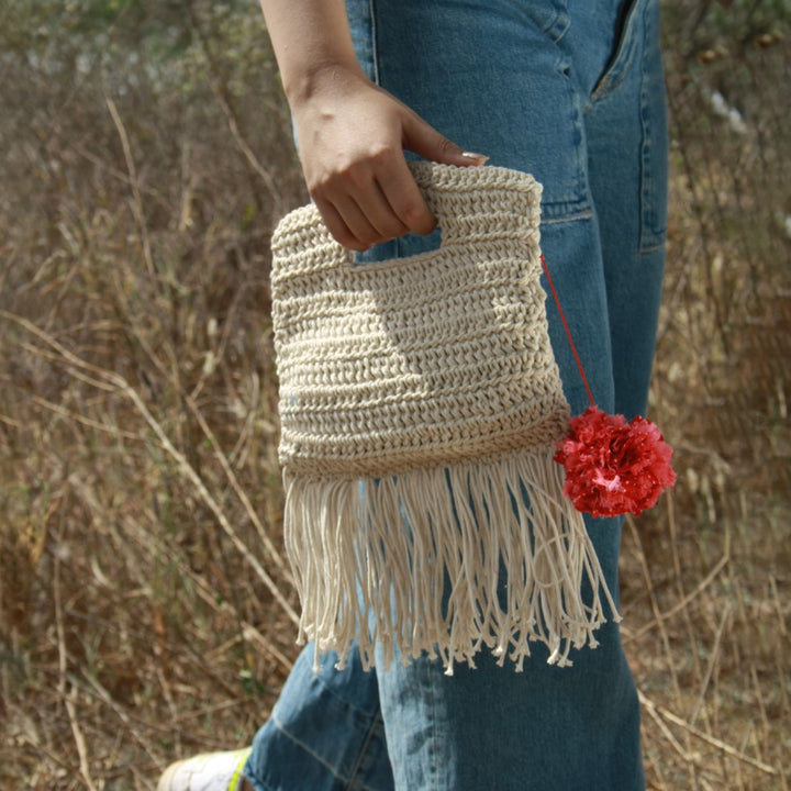 Long Tassels Miniature Hand Bag | Hand-Crochet | Cotton Yarn | Off White