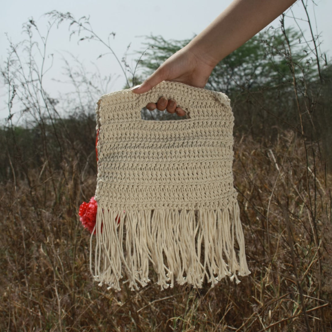 Long Tassels Miniature Hand Bag | Hand-Crochet | Cotton Yarn | Off White