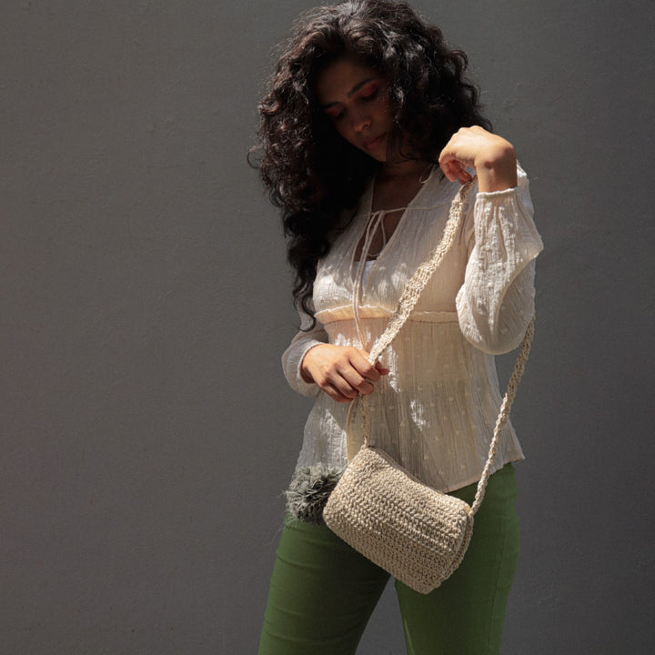 Women Duffel Sling Bag | Hand-Crochet | Cotton Yarn | Off White