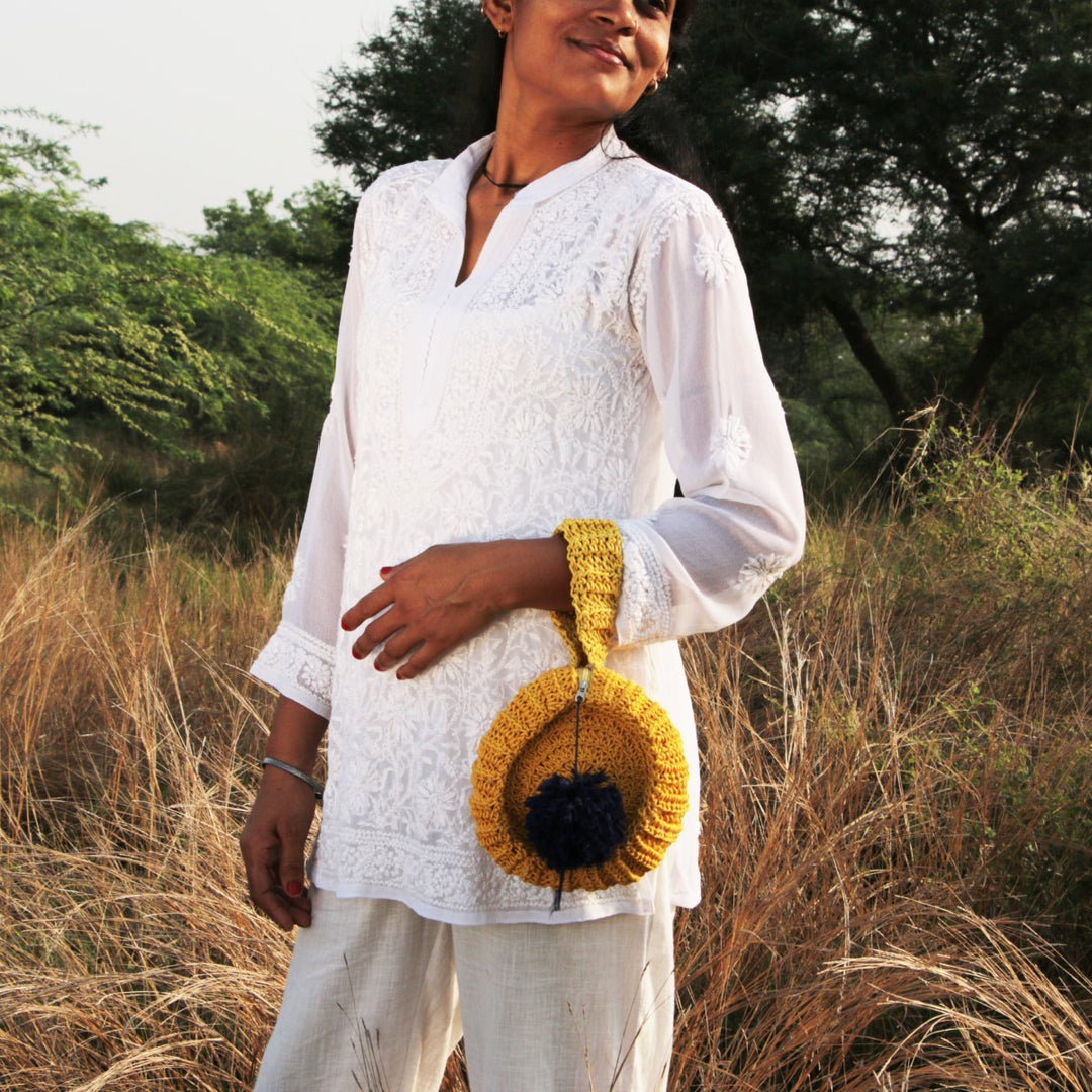 Cylinder Wrist Bag | Hand-Crochet | Cotton Yarn | Mustard Yellow