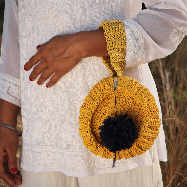 Cylinder Wrist Bag | Hand-Crochet | Cotton Yarn | Mustard Yellow