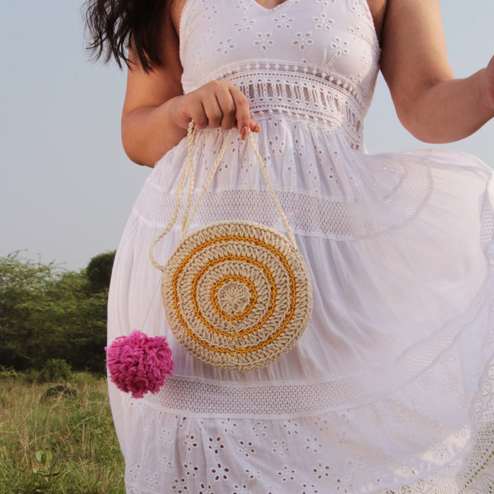 Miniature Round Mini Sling Bag | Hand-Crochet | Cotton |  Off White & Mustard