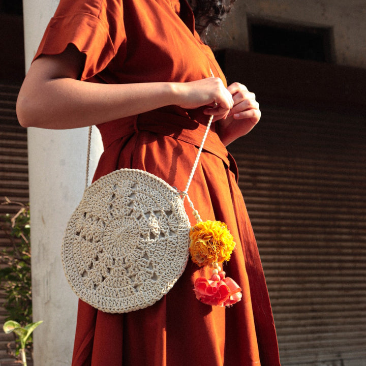 Round Designer Mini Sling Bag | Hand-Crochet | Cotton Yarn | Off White