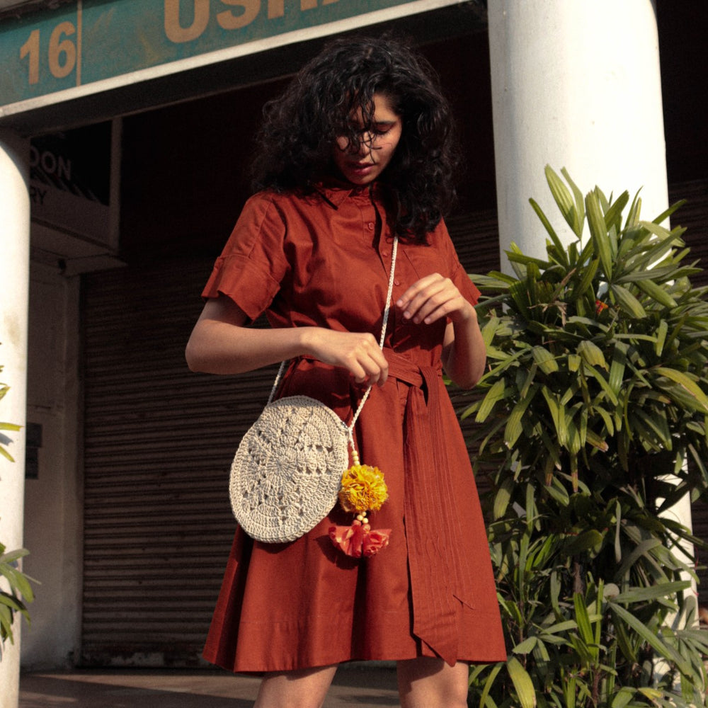 Round Designer Mini Sling Bag | Hand-Crochet | Cotton Yarn | Off White