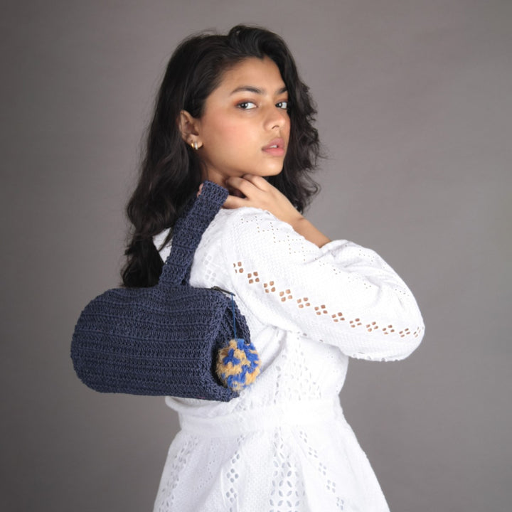 Blue Wrist  Bag | Hand-Crafted & Crochet | Cotton | Navy Blue