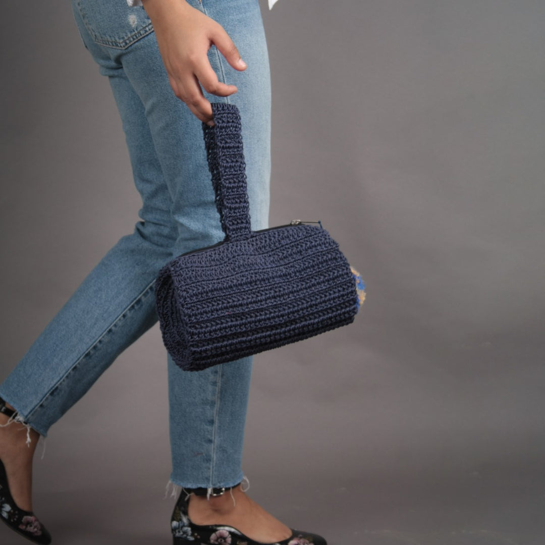 Blue Wrist  Bag | Hand-Crafted & Crochet | Cotton | Navy Blue